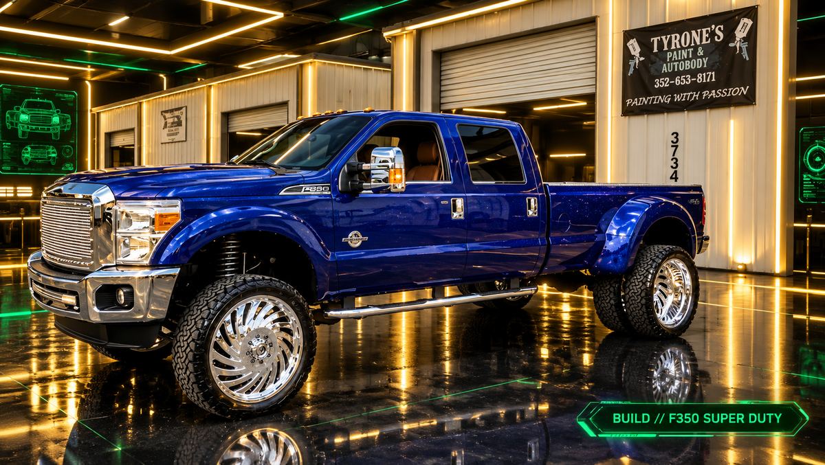 Blue F-350 in the booth