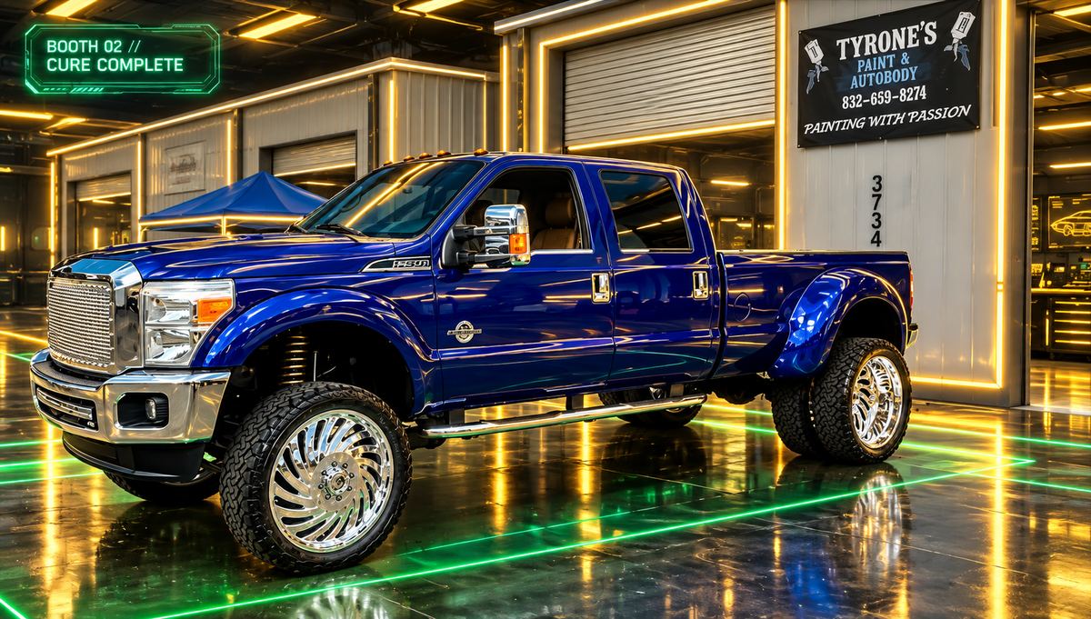 Blue F-350 at the shop